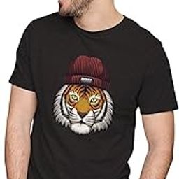 Men's & Women's Regular Fit T-Shirt Tiger Wearing Beanie 100% Cotton Unise T-Shirt Black; _BEANIE03-Black 2XL Men Round_bz-image-12