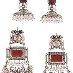 Set of 2 Purple & Maroon Stones Antique Statement Jhumki & Dangler Earrings For Women-ZPFK17991-53