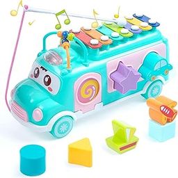 Lefan Plastic Musical Happy Bus Toy Baby Toys 6-18 Months with Xylophone & Shape Sorter Push & Pull Educational and Learning Toys for 1 2 3 4 5 Year Old Gift for Toddlers-Blue-27