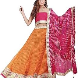 Women's Dupion Silk Readymade Lehenga Choli Lehanga lahriya nd dupptta Bhandhej top solid colour (R-130_Orange & Rani_Free Size)-picture-12