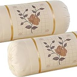 Rj Products Embroidered Cotton Bolsters Cover Pack of 2 - (Beige, Skin Colour)-image-3