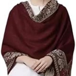 Elegant Winter Shawl/Stole with Floral Border, Maroon Wool Blend, Traditional Design with Tassels(30 * 80)-picture-2