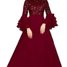 Women's Evening Gown, Sequin Bodice, Ruffle Bell Sleeves, Purple Floor Length Dress-image-52