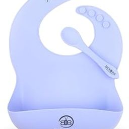 ZoZoBaa Silicone Baby Bib with Easy Grip Spoon For Feeding Toddlers|Waterproof & Reusable Bib with button for Infants |Soft, Light Weight, BPA Free, 1 Set, Purple-picture-1