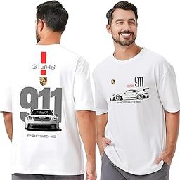 GT3 RS 911 Racing Car Graphic Oversize T-Shirt, White Cotton, Double-Sided Print-image-2