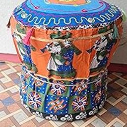 jagdmba handicrafts Rajasthani Mudda Bamboo Stool Cover Set of Two - Orange Footstool Ottoman Pouffe Cover 17x18 Inches (Set of 2 Pieces) Elephant Design (Orange)-1