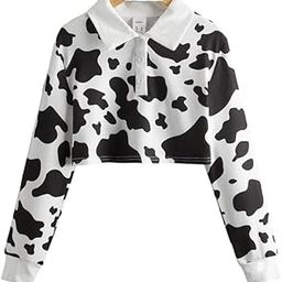 Women’s Crop Cow Print Polo Shirt | Black & White Long Sleeve Cotton Blend Casual Crop Top with Collar for Girls-image-60