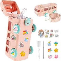 Urban Festivities Bus Water Bottle for Kids-16oz Detachable Bus Straw Water Cup with Shoulder Strap Leak-Proof Kids Drink Cup Cartoon Water Jug Toy with Wheels Toddler Water Bottle (Pink with Gift)-image-56