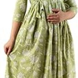 Cotton A-Line Flaired Maternity Feeding Kurti for Women with Zippers | Maternity Dress for Mom | Light Green White Flower DORI-image-75