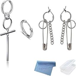 Set of 4 Chain Safety Pin Earrings Bangtan Boys Stud Earrings Double Ring Silver Stainless Steel Cross Ear Stud Chain Hoop Earrings for Women Men Punk Jewellery with Mini Fabric and Mini Box-image-36