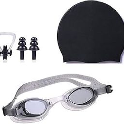 THE MORNING PLAY Swimming Kit with Anti Fog Goggles,Silicone Cap Nose Clip,Ear Plugs for Men Women Boys Girls Adult (Black)-image-59