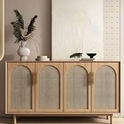 TGF Furniture Store Modern Wooden Sideboard Cabinet with Cane Webbing – 4 Arched Doors, Natural Wood Finish – Boho Storage Console for Dining Room, Living Room, or Entryway-image-78