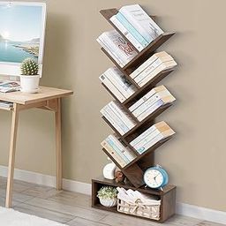 ABOUT SPACE Book Shelf for Home Library - 9-Tier Tree Shaped Book Rack for Study Room DIY Wooden Book Stand with Bottom Storage Space for Office, Livingroom, Bedroom (Walnut - L 45 x B 17 x H 127 cm)-image-2