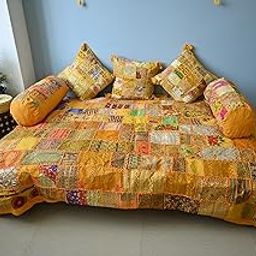 Traditional Indian Patchwork Deewan Set with Cushions, Yellow and Multicolour, Vintage Embroidered Design-image-50