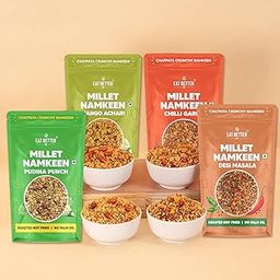 Eat Better Co – Millet Namkeen Combo – Four Flavours – Desi Masala, Mango Achari, Pudina Punch and Chilli Garlic – 4 * 100 grams - Healthy Snacks for Adults Combo-image-16
