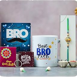 Rakhi for Brother with Printed Ceramic Mug, Showpiece & Keychain Combo |Pack of 6 (Greeting Card, Roli Chawal, Rakhi, Printed Mug, Keychain, Showpiece) | Best Gift for Brother-55