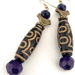 Nonas antique gold black purple metal glass long drop chunky dangly earings-image-13