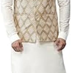 Men Gold & White Solid Kurta Pyjamas With Nehru jacket-image-46