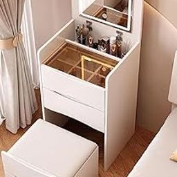 Furni Home Wooden Dressing Table with Mirror and Storage Drawers, White 3-in-1 Vanity Desk Set with Mirror Light, Make-Up Table with 3 Drawers, Cosmetic Table with Padded Stool, Compact Dressing Table-image-16