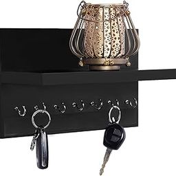 Dime Store Wall Mount Key Holder for Wall With Stylish Shelf Organiser Rack Wall Shelf Key Hanger (7 Hooks, Black)-16