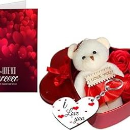 Khakee Unique Valentine Day Gift for Wife,Girlfriend,Boyfriend,Husband (Heart Shaped Box with Teddy and Roses with Keyring and Valentines Day Greeting Card)(Assorted Colour)-image-39