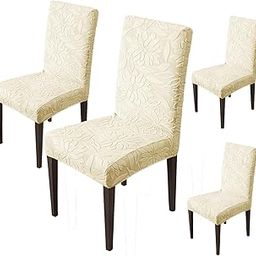 House of Quirk Stretchy Universal Camellia Jacquard Waterproof Chair Cover Removable & Washable Short Dining Chair Cover Protector Seat Slipcover (Beige,Pack of 4)-picture-4