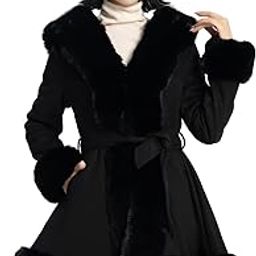 Winter Faux Fur Coats for Women,Faux Fur Leather Jacket Women,Winter Long Sleeve Furry Trim Peplum Parka Coat with Belt-image-32