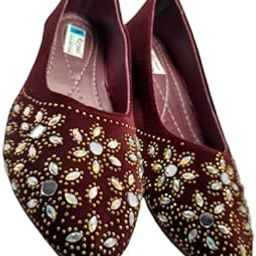 Women's Embellished Flat Juti Shoes, Burgundy with Crystal Studded Design-picture-9