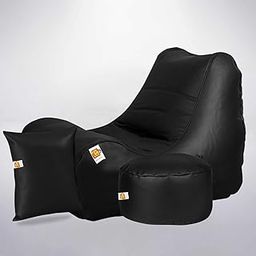 Prefield Bean Bag Lounger Chair & Puff Stool Filled with Beans/Filler (Black) (Faux Leather)-30