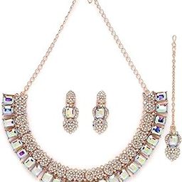 Striking Rose Gold Plated Rainbow Stones Collar Bone Necklace Set With Earring And Maangtika | Jewellery Set For Women (NS105697)-image-11