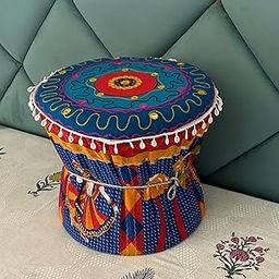 POSHMANDALA Embroidery Work Bamboo Mudda Cover Muddy Stool Ottaman Pouffes Patio Chair Footstools Cover Size 17x18 Inches, Set of 1 Pieces (ONLY Cover) Blue-image-26