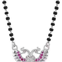 925 Sterling Silver black bead anti-tarnish hypoallergenic 18k Micron Premium Rhodium-plated Peacock Design Ruby Green Pendant Mangalsutra Necklace | Gift for Women | Pure Silver Gift for Wife-5