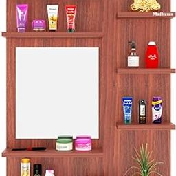 Ricco Engineered Wood Wall Mounted Dressing Table (Teak Finish) Royal Decorative Craft Washroom Mirrors Wash Basin Walls Mirror Bathroom Cabinet-22