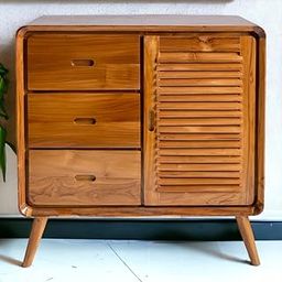 Mid-Century Modern Wooden Storage Cabinet – 3 Drawers with Louvered Door, Teak Finish – Stylish Organizer for Living Room, Bedroom, or Entryway-image-50