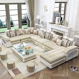 Caradel Orions L Shape 12 Seater Sofa with Ottoman 4 Puffy (Cream & Beige) |U Shape Sofa Set 12 Seater for Living Room | Modular Fabric Sofas Couch for Living Room-8
