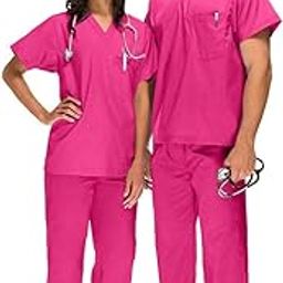 Primestore Unisex Scrub Suit set V-Neck 3 Pocket Top and Cargo Type Trouser (36-S, Shocking Pink)-image-2