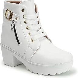 Women's Embellished Block Heel Boots | Luxury Synthetic Leather Booties with Zip and Buckle Detailing-12