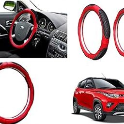 EXCHANGE CARTRENDING Microfiber Car Steering Wheel Cover, Soft Padding Great Hand Feel, Anti-Slip, Faux Leather Steering Cover for Mahindra KUV 100 nxt | Black Red Jali - Pack of 1-image-67