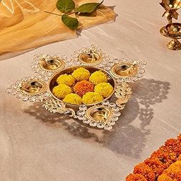 Amazon Brand - Solimo Gold Polished Metal Pearl Peacock Tealight Candle Holder - Urli Bowl | Decor Theme for Diwali, Weddings and Family Celebrations | Holds 5 Tealights | Gold Finish-image-9