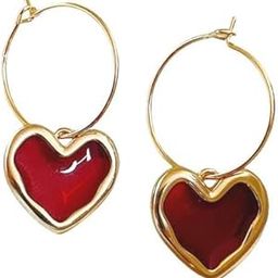 Blood Red Heart Drop Hoops, Gold Tone, Lightweight & Comfortable-image-59