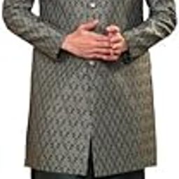 Men's Indo-Western Kurta Sherwani Trouser Set, Green Cotton Blend, Jacquard Regular Fit Mandarin Collar Long Sleeves-image-55
