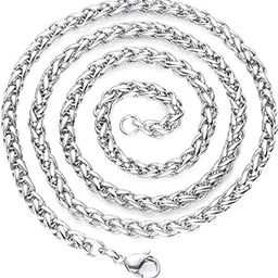 Chain for Men boys Jewellery Stainless Steel Valentine Long Chain Gents Platinum Necklace Silver Wheat Chain for Men Boys Stylish-image-73