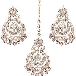 Traditional Gold Plated Big Chandbali Kundan & Pearl Earring Set With Maang Tikka for Women-image-12