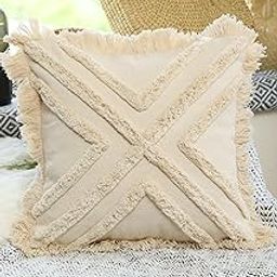 IMPEXART PVT LTD 20x20 Inches Cotton Off White Boho Shaggy Square Geometric Desgin Cushion Cover for Decor Couch Sofa Bedroom Living Room Farmhouse Indoor Outdoor-image-7