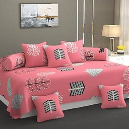 Christmas Printed Premium Glace Cotton 8 Pieces Diwan Cover Set with 1 Single Diwan Bedsheet, 2 Bolster Covers and 5 Cushions Cover,(Pink -Coffee Color)-2