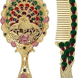 Ubervia Vintage Decorative Peacock Oval Mirror with Hair Comb, Tabletop Mount, Medium Size, Gold Frame, Glass Material, Comes with Hair Comb, Living Room, Animal Theme, Home_Mirror-image-8