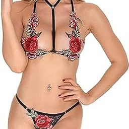 Women Embroidery Bikini Lingerie Set Net Teddy Bra and Panty Babydoll Lingerie with Panty Red-picture-15