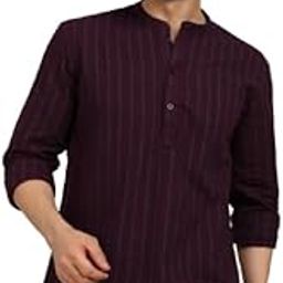 Men's Striped Cotton Short Kurta, Mandarin Collar, White and Grey, Long Sleeve-image-1
