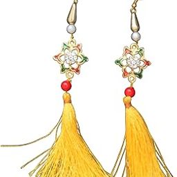 Yellow Silk Tassel Earrings for Women | Meenakari & AD Work Dangler Earrings | Handmade Traditional Jewelry for Haldi, Wedding-image-42