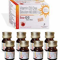 SEA D3 Nano Shots/Vitamin D3 60000 I.U Suga Free Oral Solution Syrup(8 Shots Of 5Ml Each) = 2 Boxes, 1 Count-56